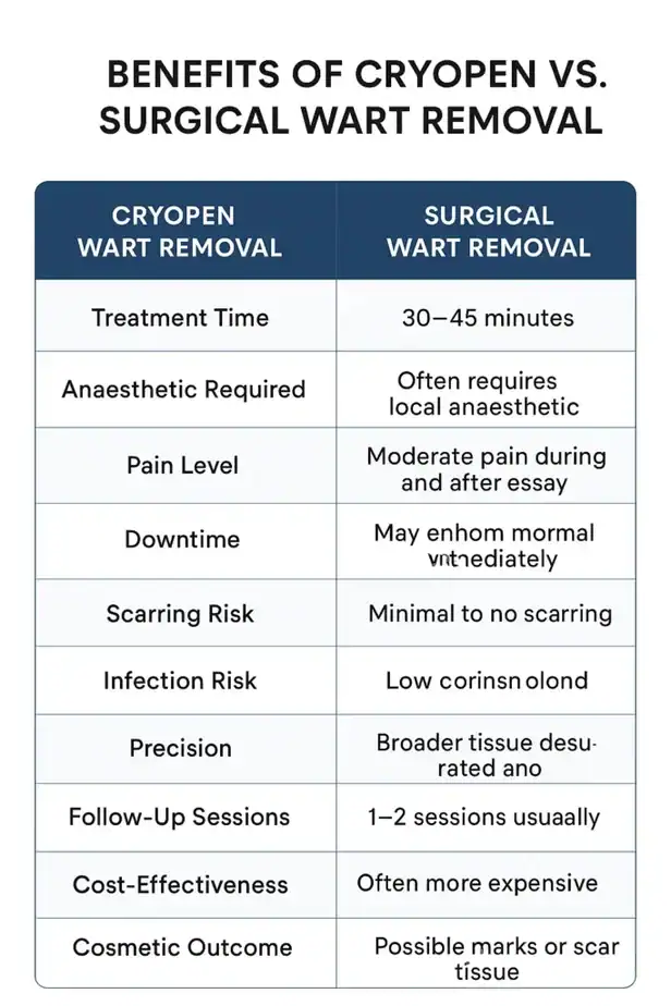 Table showing the benefits of cryopen to remove warts Stoke-on-Trent compared to surgical treatment